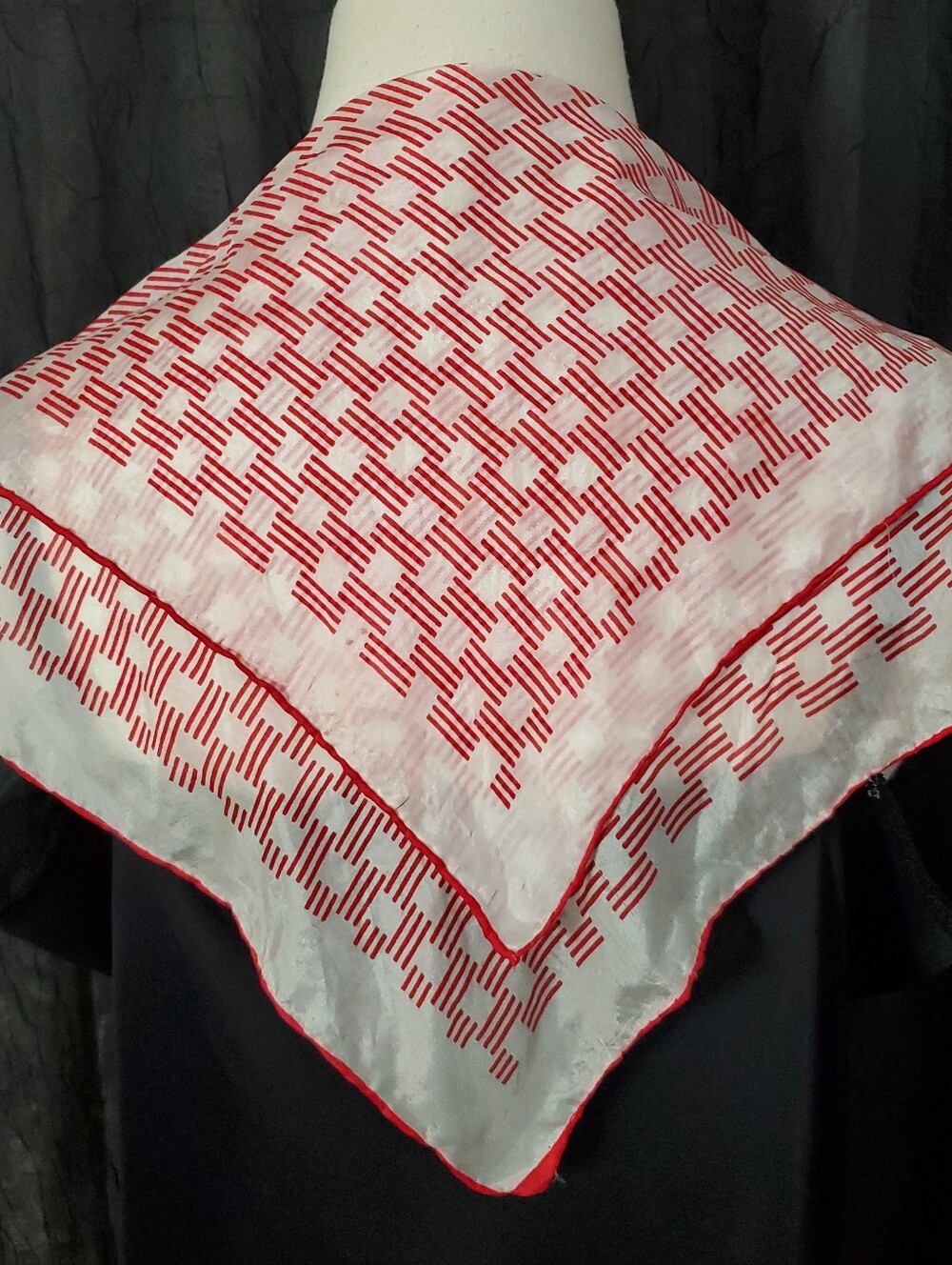 Very Old 100% Silk Scarf Delicate Handkerchief Red Checker 16 X 16" SQUARE Fair